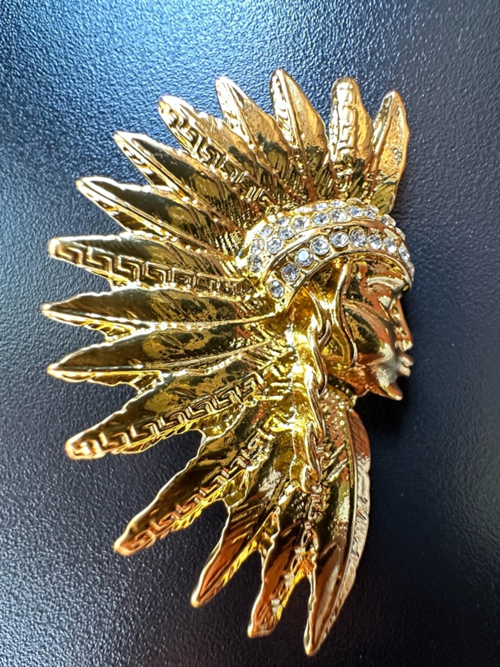 Native American Indian Chief Gold 
Rhinestones Brooch